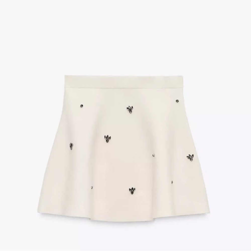 Zara Cream Skater Skirt with Black Embellishments